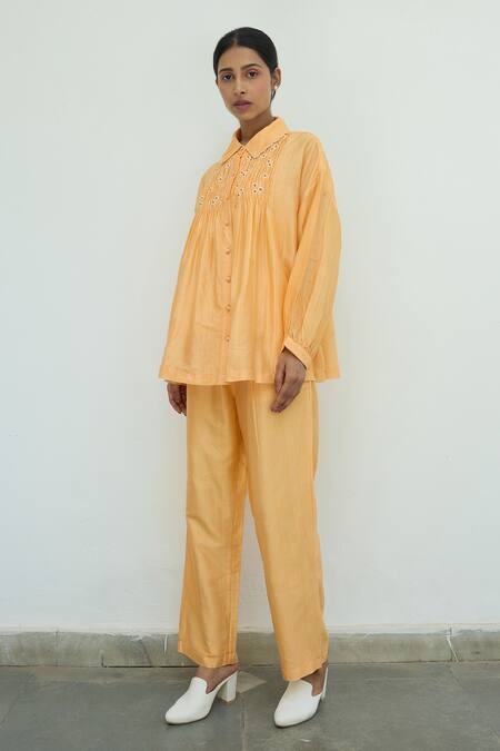 Ayaka Orange Chanderi Hand Embroidery Flower Collared Floral Shirt Online at Aza Fashions Ayaka_Orange Chanderi Hand Embroidery Flower Collared Floral Shirt _Online_at_Aza_Fashions