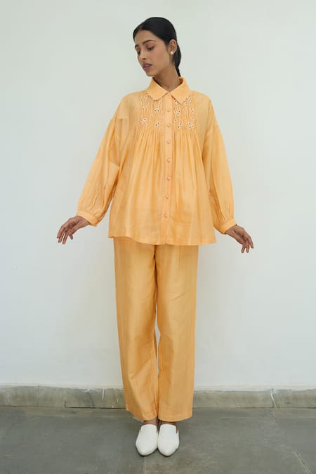 Shop Ayaka Orange Chanderi Hand Embroidery Flower Collared Floral Shirt Online at Aza Fashions Shop_Ayaka_Orange Chanderi Hand Embroidery Flower Collared Floral Shirt _Online_at_Aza_Fashions