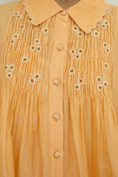 Ayaka Orange Chanderi Hand Embroidery Flower Collared Floral Shirt at Aza Fashions Ayaka_Orange Chanderi Hand Embroidery Flower Collared Floral Shirt _at_Aza_Fashions