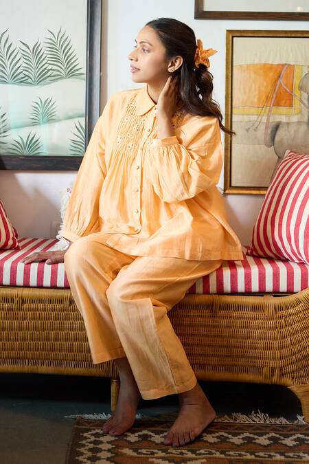 Buy Ayaka Orange Chanderi Hand Embroidery Flower Collared Floral Shirt Buy_Ayaka_Orange Chanderi Hand Embroidery Flower Collared Floral Shirt