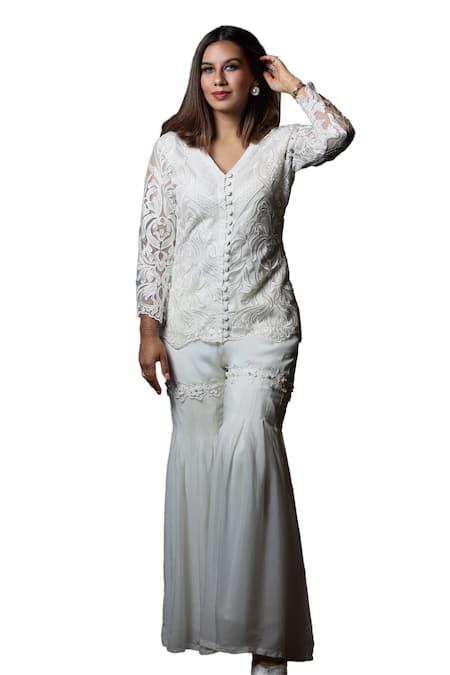 Cilwana Studio_White French Net And Crepe Embroidery Thread V-neck Top With Gharara _Online_at_Aza_Fashions