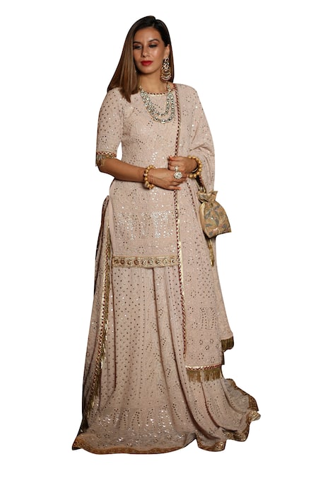 Cilwana Studio Pink Georgette, Silk Chikankari Mukaish Embroidered Kurta With Lehenga Set Online at Aza Fashions Cilwana Studio_Pink Georgette, Silk Chikankari Mukaish Embroidered Kurta With Lehenga Set _Online_at_Aza_Fashions