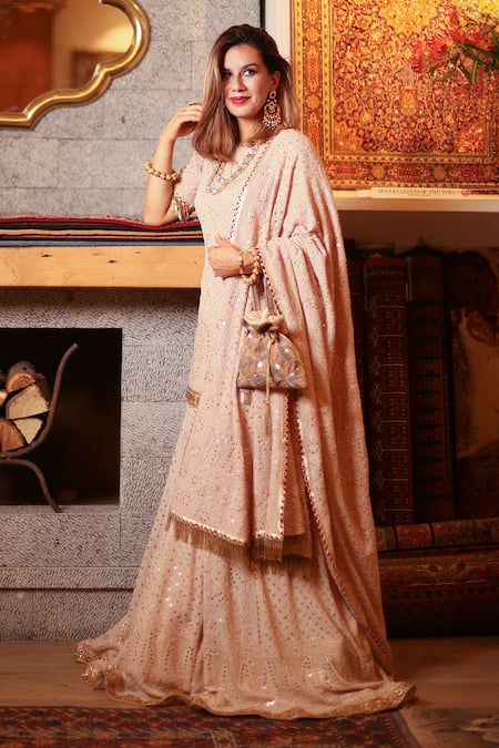 Buy Cilwana Studio Pink Georgette, Silk Chikankari Mukaish Embroidered Kurta With Lehenga Set Online at Aza Fashions Buy_Cilwana Studio_Pink Georgette, Silk Chikankari Mukaish Embroidered Kurta With Lehenga Set _Online_at_Aza_Fashions