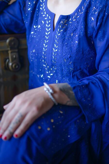Cilwana Studio_Blue Georgette, Chiffon Mirrors, Embroidery Mukaish Kurta With Gharara Set _Online_at_Aza_Fashions