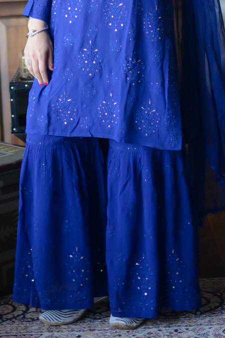 Buy_Cilwana Studio_Blue Georgette, Chiffon Mirrors, Embroidery Mukaish Kurta With Gharara Set _Online_at_Aza_Fashions