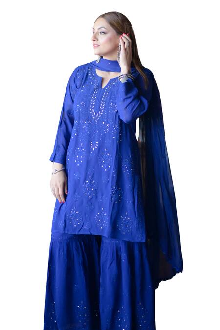 Shop_Cilwana Studio_Blue Georgette, Chiffon Mirrors, Embroidery Mukaish Kurta With Gharara Set _Online_at_Aza_Fashions