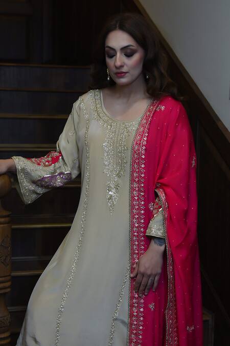 Cilwana Studio_Beige Crepe, Silk, Organza Sequins, Beads Sheer Embroidered Kurta With Pant Set _Online_at_Aza_Fashions