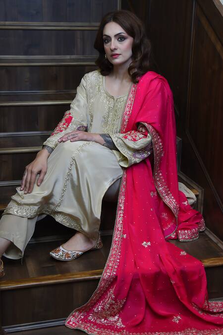 Buy_Cilwana Studio_Beige Crepe, Silk, Organza Sequins, Beads Sheer Embroidered Kurta With Pant Set _Online_at_Aza_Fashions