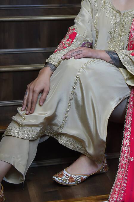 Shop_Cilwana Studio_Beige Crepe, Silk, Organza Sequins, Beads Sheer Embroidered Kurta With Pant Set _Online_at_Aza_Fashions