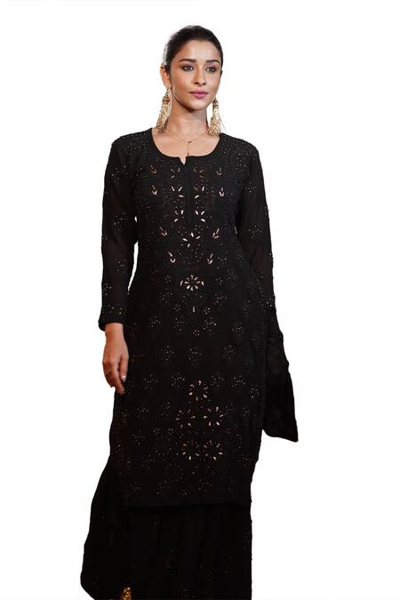 Cilwana Studio_Black Georgette, Chiffon Mirrors, Embroidery Split Mukaish Kurta With Gharara _Online_at_Aza_Fashions