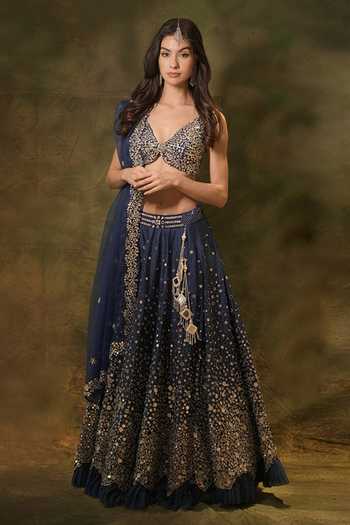 Shop_Archana Kochhar_Blue Silk, Organza Mirrors V-neck Dazzled Embroidered Lehenga Set _Online_at_Aza_Fashions