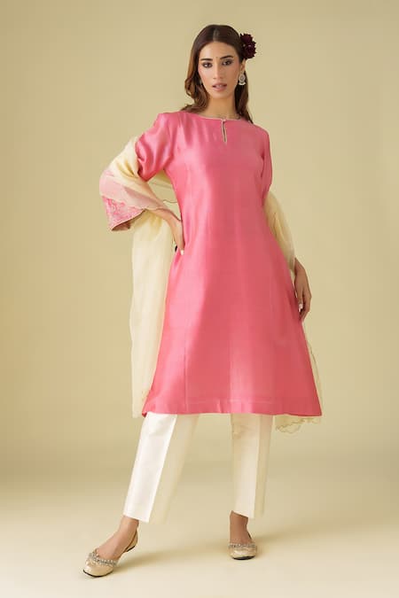 Mushio Pink Kurta Chanderi Placement Embroidery Floral Round Neck Gulzar Pant Set