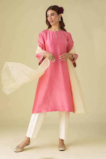 Shop Mushio Pink Chanderi, Cotton, Silk, Organza Embroidery Round Neck Gulzar Kurta Pant Set at Aza Fashions Shop_Mushio_Pink Chanderi, Cotton, Silk, Organza Embroidery Round Neck Gulzar Kurta Pant Set _at_Aza_Fashions