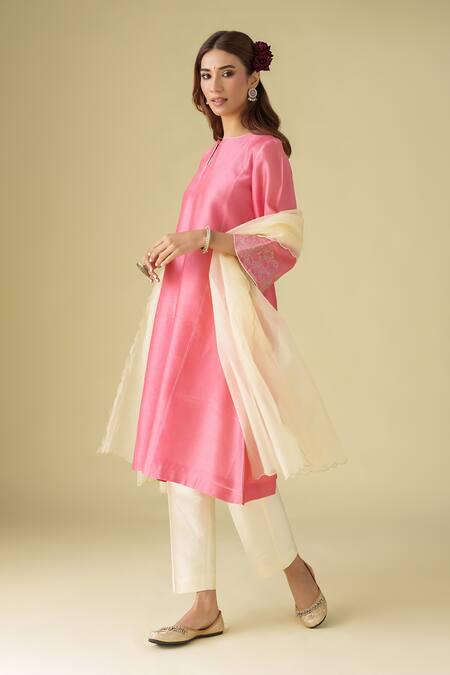 Mushio Pink Chanderi, Cotton, Silk, Organza Embroidery Round Neck Gulzar Kurta Pant Set Online at Aza Fashions Mushio_Pink Chanderi, Cotton, Silk, Organza Embroidery Round Neck Gulzar Kurta Pant Set _Online_at_Aza_Fashions