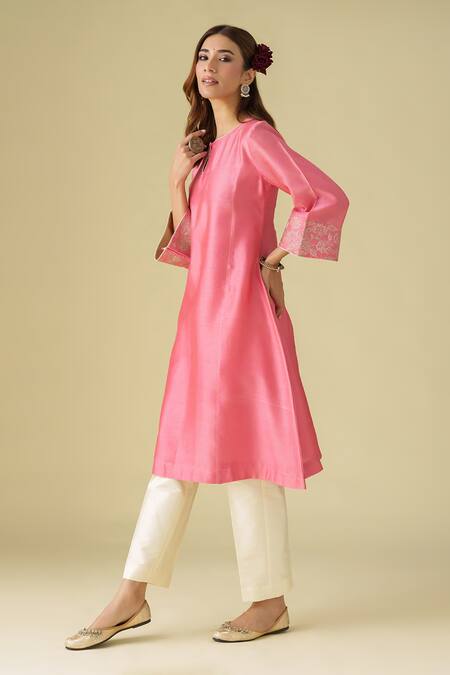 Buy Mushio Pink Chanderi, Cotton, Silk, Organza Embroidery Round Neck Gulzar Kurta Pant Set Online at Aza Fashions Buy_Mushio_Pink Chanderi, Cotton, Silk, Organza Embroidery Round Neck Gulzar Kurta Pant Set _Online_at_Aza_Fashions