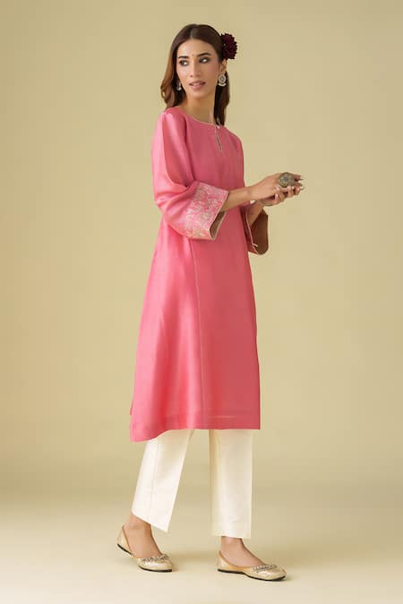 Shop Mushio Pink Chanderi, Cotton, Silk, Organza Embroidery Round Neck Gulzar Kurta Pant Set Online at Aza Fashions Shop_Mushio_Pink Chanderi, Cotton, Silk, Organza Embroidery Round Neck Gulzar Kurta Pant Set _Online_at_Aza_Fashions
