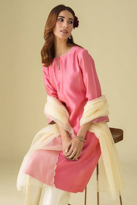 Buy Mushio Pink Chanderi, Cotton, Silk, Organza Embroidery Round Neck Gulzar Kurta Pant Set Buy_Mushio_Pink Chanderi, Cotton, Silk, Organza Embroidery Round Neck Gulzar Kurta Pant Set