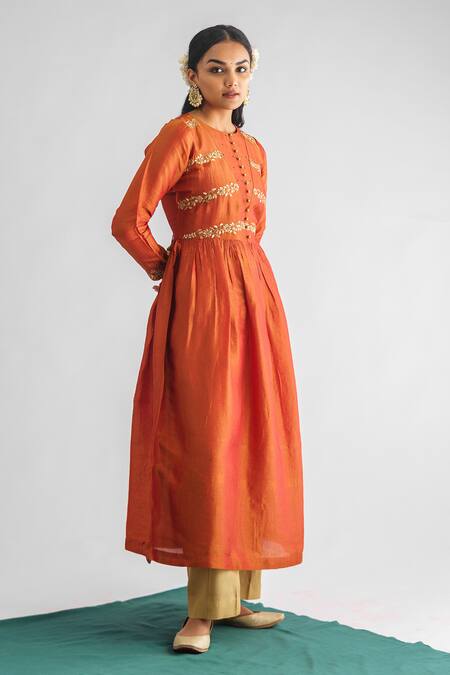 Buy Mushio Orange Chanderi Silk, Organza, Resham Floral Threadwork Anarkali Pant Set Online at Aza Fashions Buy_Mushio_Orange Chanderi Silk, Organza, Resham Floral Threadwork Anarkali Pant Set _Online_at_Aza_Fashions