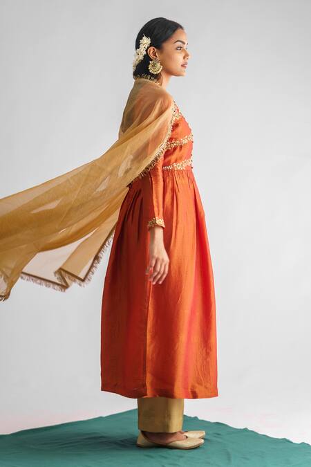 Shop Mushio Orange Chanderi Silk, Organza, Resham Floral Threadwork Anarkali Pant Set Online at Aza Fashions Shop_Mushio_Orange Chanderi Silk, Organza, Resham Floral Threadwork Anarkali Pant Set _Online_at_Aza_Fashions