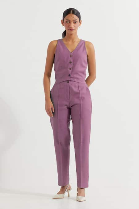 TIC Purple Cotton Slub Plain V Neck Anne Sleeveless Vest And Pant Co-ord Set 