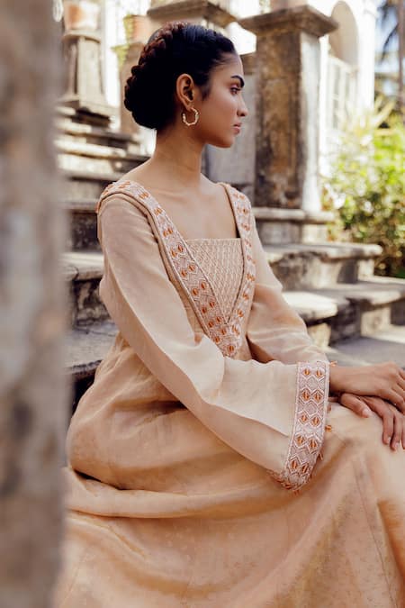 Shop_17:17 By Simmi Saboo_Beige Chanderi Silk Embroidery, Crystals Aahana Leaf Print Anarkali With Bustier _Online_at_Aza_Fashions