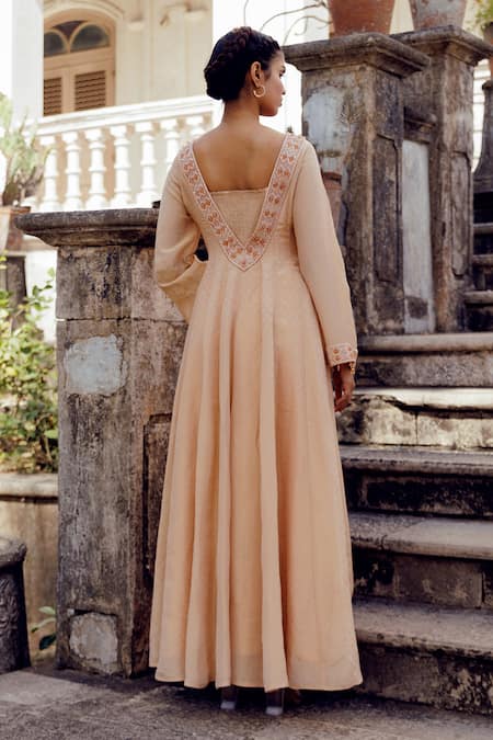 Shop_17:17 By Simmi Saboo_Beige Chanderi Silk Embroidery, Crystals Aahana Leaf Print Anarkali With Bustier _at_Aza_Fashions