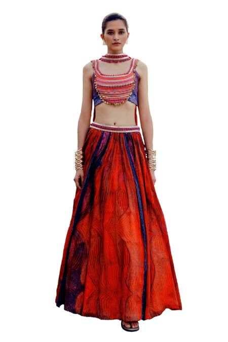 17:17 By Simmi Saboo_Orange Chanderi, Taffeta, Cotton Baani Illusion Print Lehenga And Bib Bustier Set _Online_at_Aza_Fashions