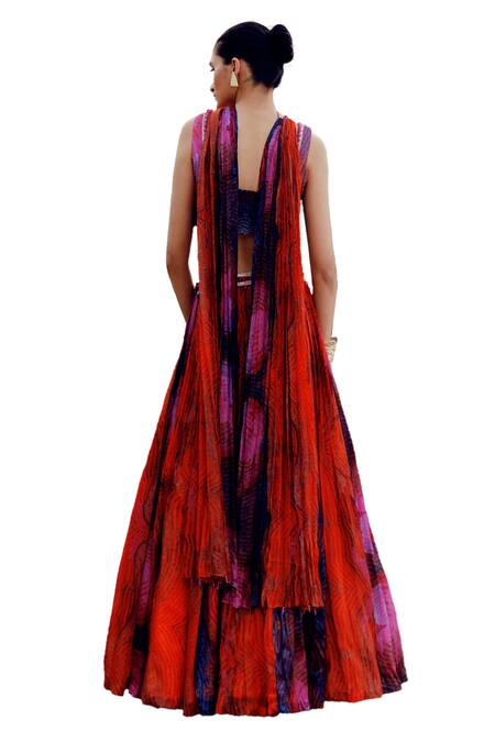Shop_17:17 By Simmi Saboo_Orange Chanderi, Taffeta, Cotton Baani Illusion Print Lehenga And Bib Bustier Set _Online_at_Aza_Fashions