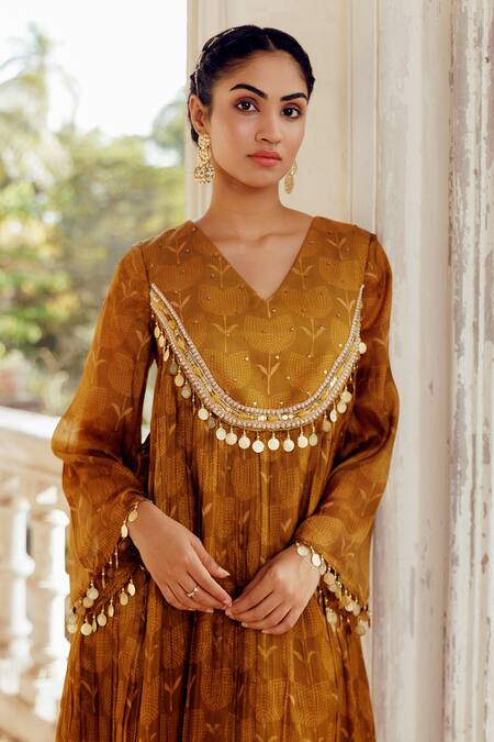 Buy_17:17 By Simmi Saboo_Green Chanderi, Cotton Pearls, Belecia Bandhani Print A-line Kurta With Pant _Online_at_Aza_Fashions