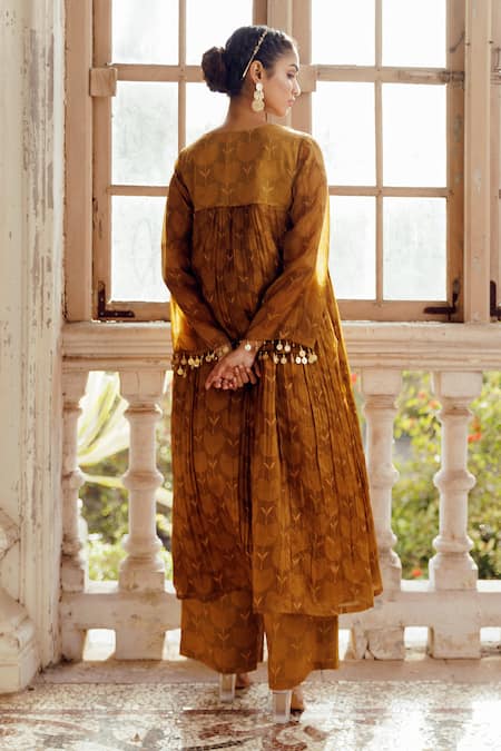 Shop_17:17 By Simmi Saboo_Green Chanderi, Cotton Pearls, Belecia Bandhani Print A-line Kurta With Pant _at_Aza_Fashions