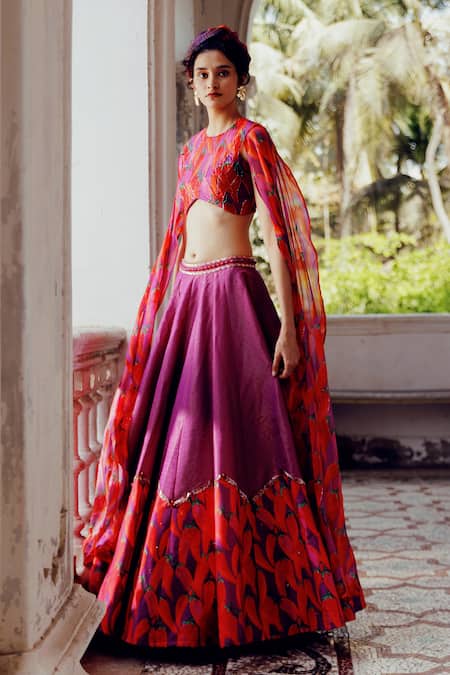17:17 By Simmi Saboo_Purple Chanderi Sequins, Beads Charlie Chilli Print Kali Lehenga With Blouse _Online_at_Aza_Fashions