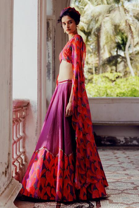 Buy_17:17 By Simmi Saboo_Purple Chanderi Sequins, Beads Charlie Chilli Print Kali Lehenga With Blouse _Online_at_Aza_Fashions