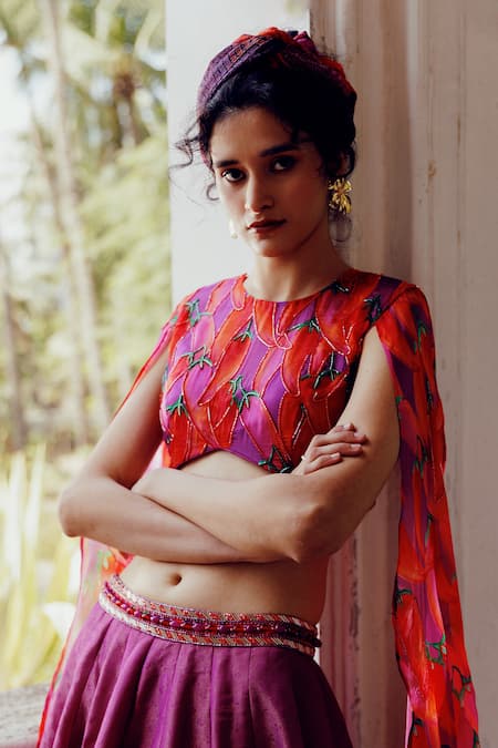 Shop_17:17 By Simmi Saboo_Purple Chanderi Sequins, Beads Charlie Chilli Print Kali Lehenga With Blouse _Online_at_Aza_Fashions