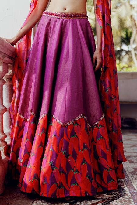 17:17 By Simmi Saboo_Purple Chanderi Sequins, Beads Charlie Chilli Print Kali Lehenga With Blouse _at_Aza_Fashions