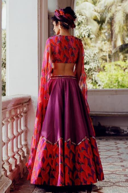 Shop_17:17 By Simmi Saboo_Purple Chanderi Sequins, Beads Charlie Chilli Print Kali Lehenga With Blouse _at_Aza_Fashions
