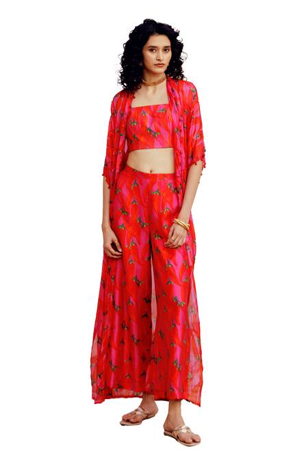 17:17 By Simmi Saboo_Pink Chanderi Crystals, Beads Square Diana Chilli Print Bustier And Jacket Set _Online_at_Aza_Fashions