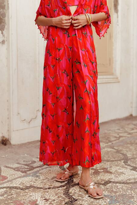 Buy_17:17 By Simmi Saboo_Pink Chanderi Crystals, Beads Square Diana Chilli Print Bustier And Jacket Set _Online_at_Aza_Fashions