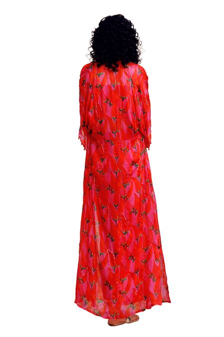 Shop_17:17 By Simmi Saboo_Pink Chanderi Crystals, Beads Square Diana Chilli Print Bustier And Jacket Set _Online_at_Aza_Fashions