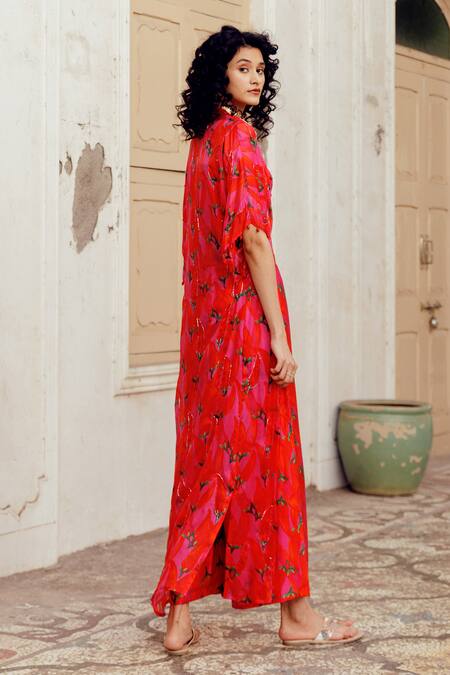 17:17 By Simmi Saboo_Pink Chanderi Crystals, Beads Square Diana Chilli Print Bustier And Jacket Set _at_Aza_Fashions