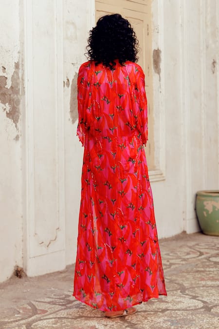 Shop_17:17 By Simmi Saboo_Pink Chanderi Crystals, Beads Square Diana Chilli Print Bustier And Jacket Set _at_Aza_Fashions