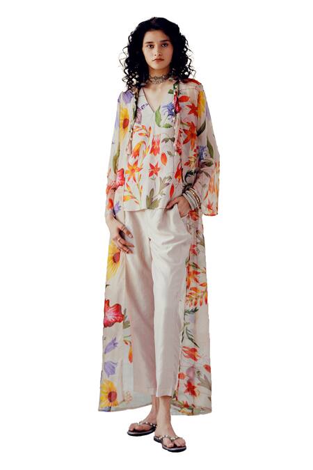 17:17 By Simmi Saboo_Beige Tabby Print Floral V- Neck Ella Trible Jacket And Pant Set _Online_at_Aza_Fashions