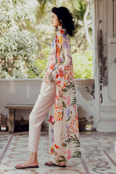 Buy_17:17 By Simmi Saboo_Beige Tabby Print Floral V- Neck Ella Trible Jacket And Pant Set _Online_at_Aza_Fashions