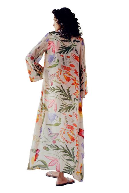 Shop_17:17 By Simmi Saboo_Beige Tabby Print Floral V- Neck Ella Trible Jacket And Pant Set _Online_at_Aza_Fashions