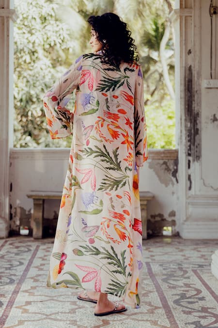 Shop_17:17 By Simmi Saboo_Beige Tabby Print Floral V- Neck Ella Trible Jacket And Pant Set _at_Aza_Fashions