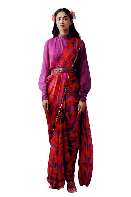 17:17 By Simmi Saboo_Purple Chanderi, Cotton Sequins, Emily Chilli Print Pre-draped Pant Saree Set _Online_at_Aza_Fashions