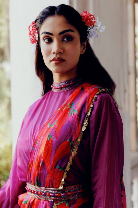 Buy_17:17 By Simmi Saboo_Purple Chanderi, Cotton Sequins, Emily Chilli Print Pre-draped Pant Saree Set _Online_at_Aza_Fashions