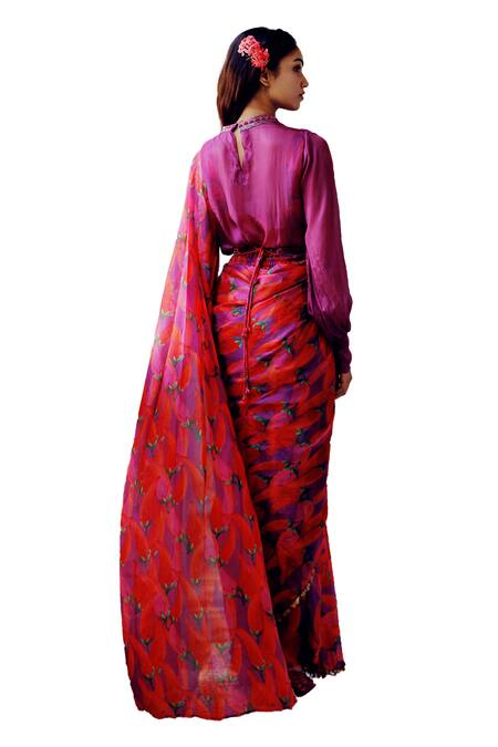 Shop_17:17 By Simmi Saboo_Purple Chanderi, Cotton Sequins, Emily Chilli Print Pre-draped Pant Saree Set _Online_at_Aza_Fashions