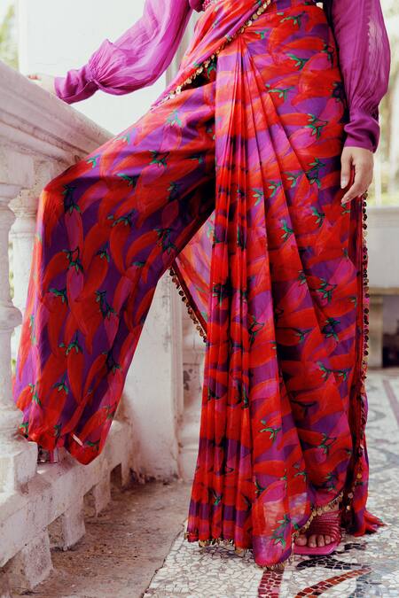 17:17 By Simmi Saboo_Purple Chanderi, Cotton Sequins, Emily Chilli Print Pre-draped Pant Saree Set _at_Aza_Fashions