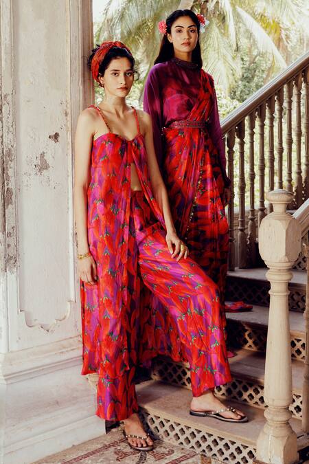 Buy_17:17 By Simmi Saboo_Purple Chanderi, Cotton Sequins, Emily Chilli Print Pre-draped Pant Saree Set 