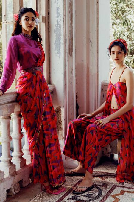Shop_17:17 By Simmi Saboo_Purple Chanderi, Cotton Sequins, Emily Chilli Print Pre-draped Pant Saree Set 